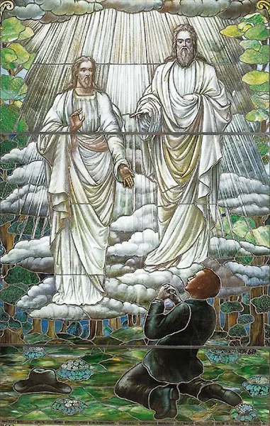 This is a mormon image of their false prophet's lie about his first vision from god, where he claims to have seen both Jesus, and God the Father at the same time, with them both appearing in flesh, and bone. It contradicts the Bible. According to John 4:24 God the Father is spirit, and must be worshiped in spirit, and truth.
