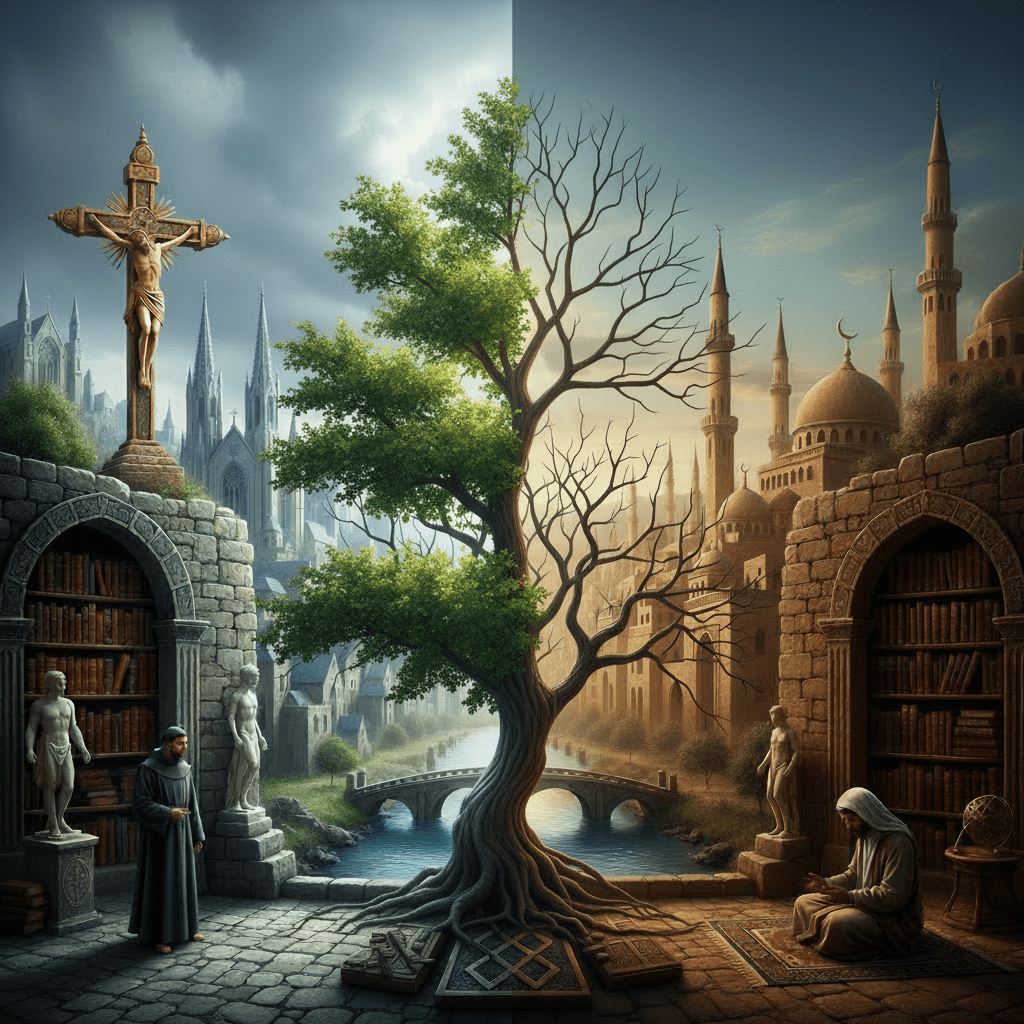 Symmetrical scene depicting shared heritage and coexistence between different religious traditions and architectures.