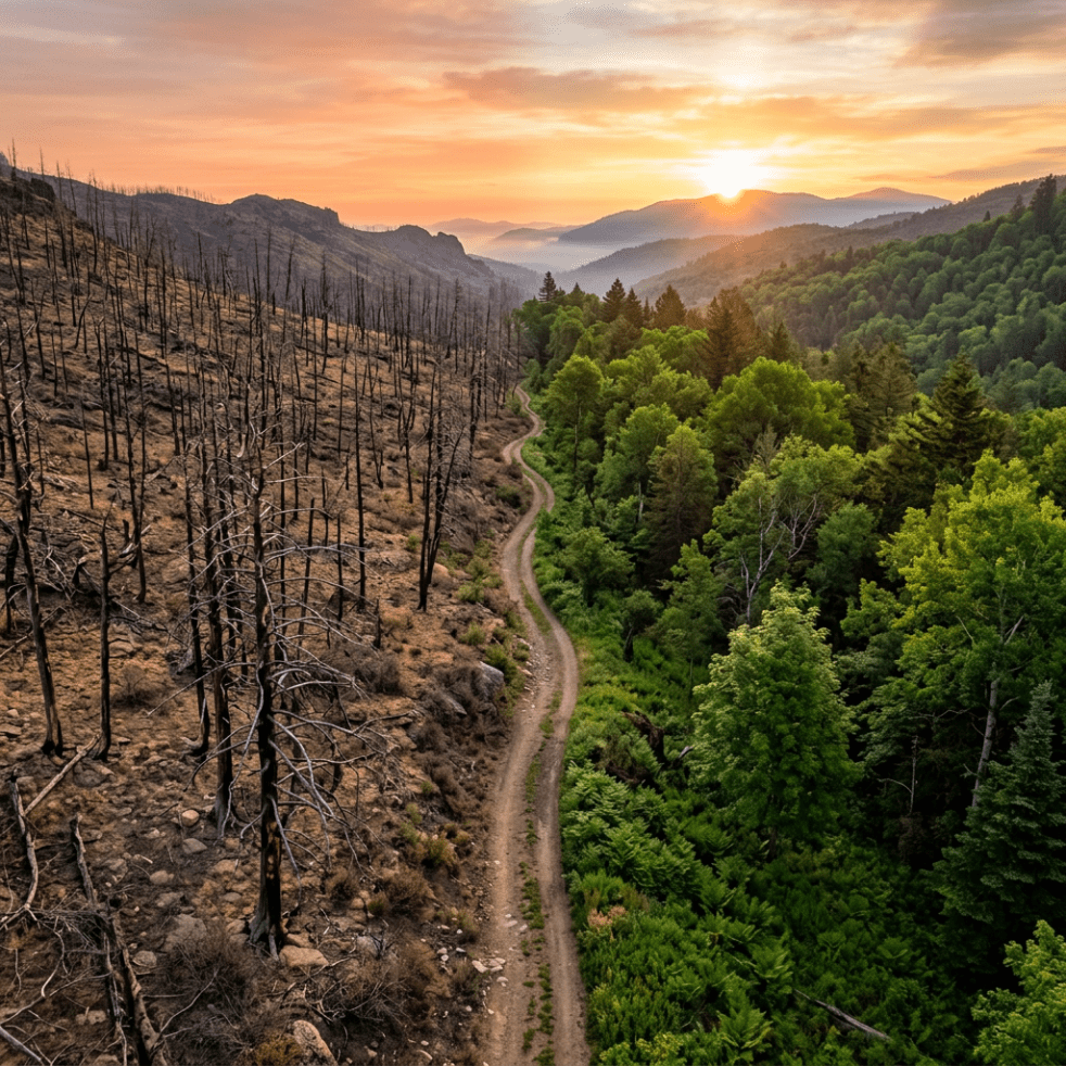 Dirt path dividing scorched trees on left and dense green forest on right at sunset.